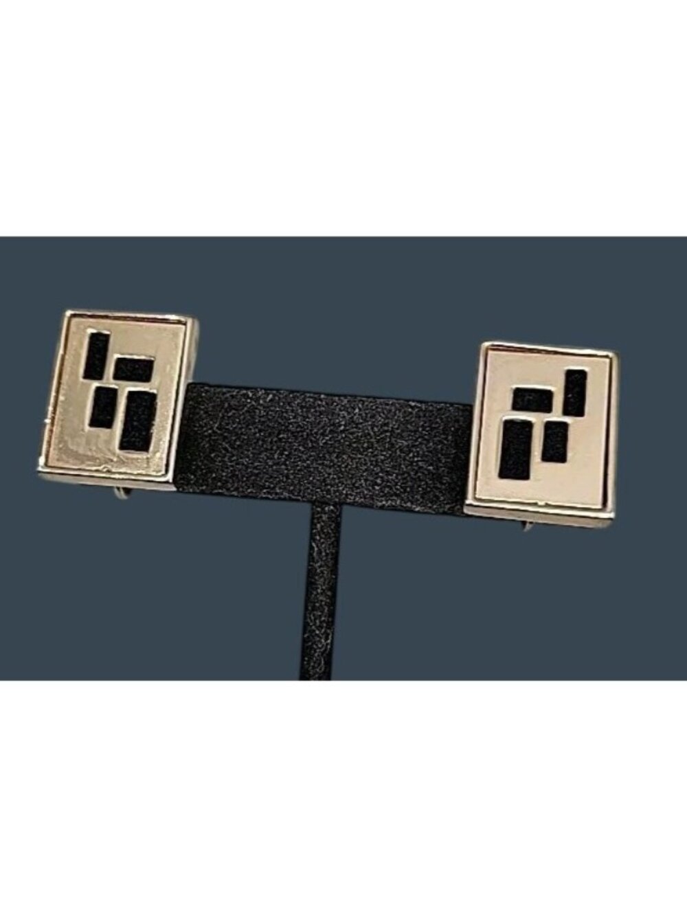 Vintage Bergere Geometric Rectangle Clip On Earrings Gold Tone Black Enamel